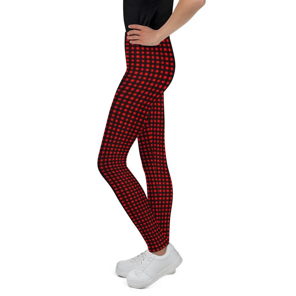 Red Buffalo Plaid Tartan Print Designer Unisex/ Girls Youth Leggings- Made in USA/ EU