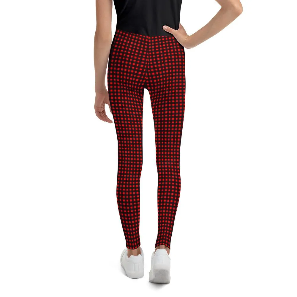 Red Buffalo Plaid Tartan Print Designer Unisex/ Girls Youth Leggings- Made in USA/ EU