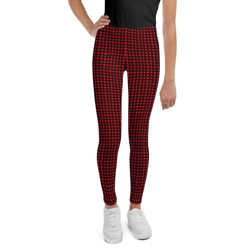 Red Buffalo Plaid Tartan Print Designer Unisex/ Girls Youth Leggings- Made in USA/ EU