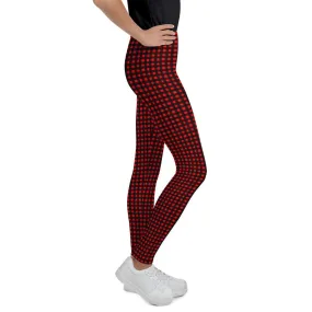 Red Buffalo Plaid Tartan Print Designer Unisex/ Girls Youth Leggings- Made in USA/ EU