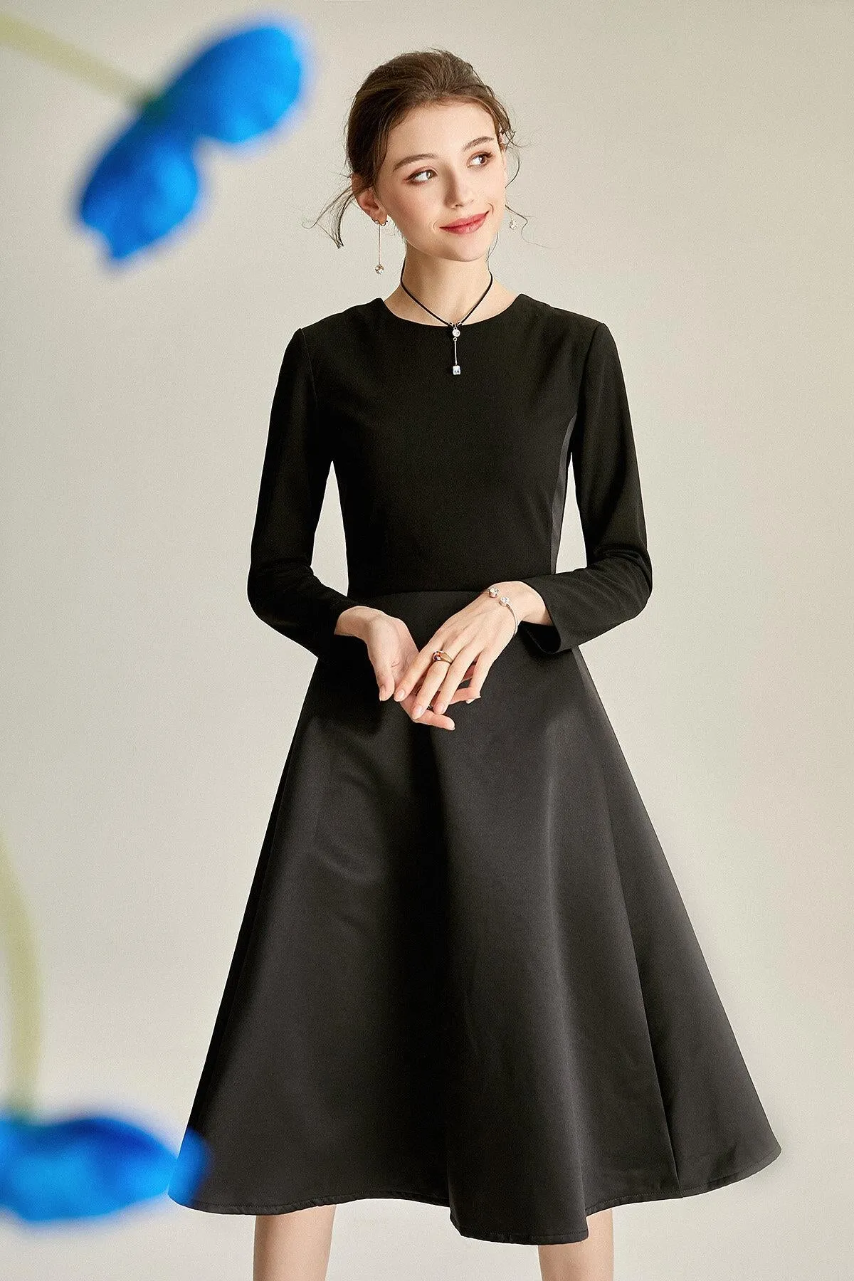 Retro Audrey Hepburn 1950 vintage Satin midi cocktail black dress - Imo