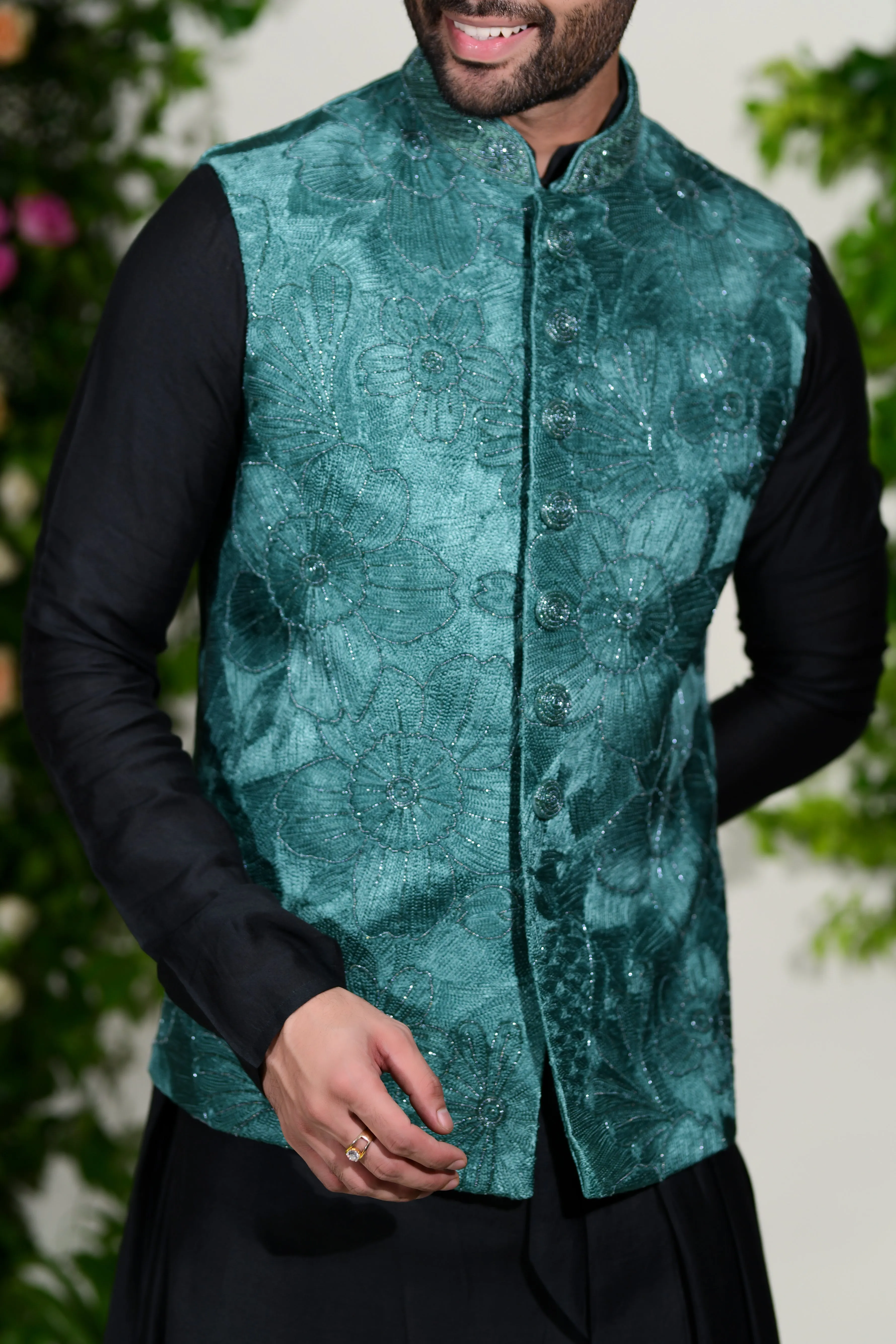 Sea green jacket set in resham and zardoshi work  with modern cuts