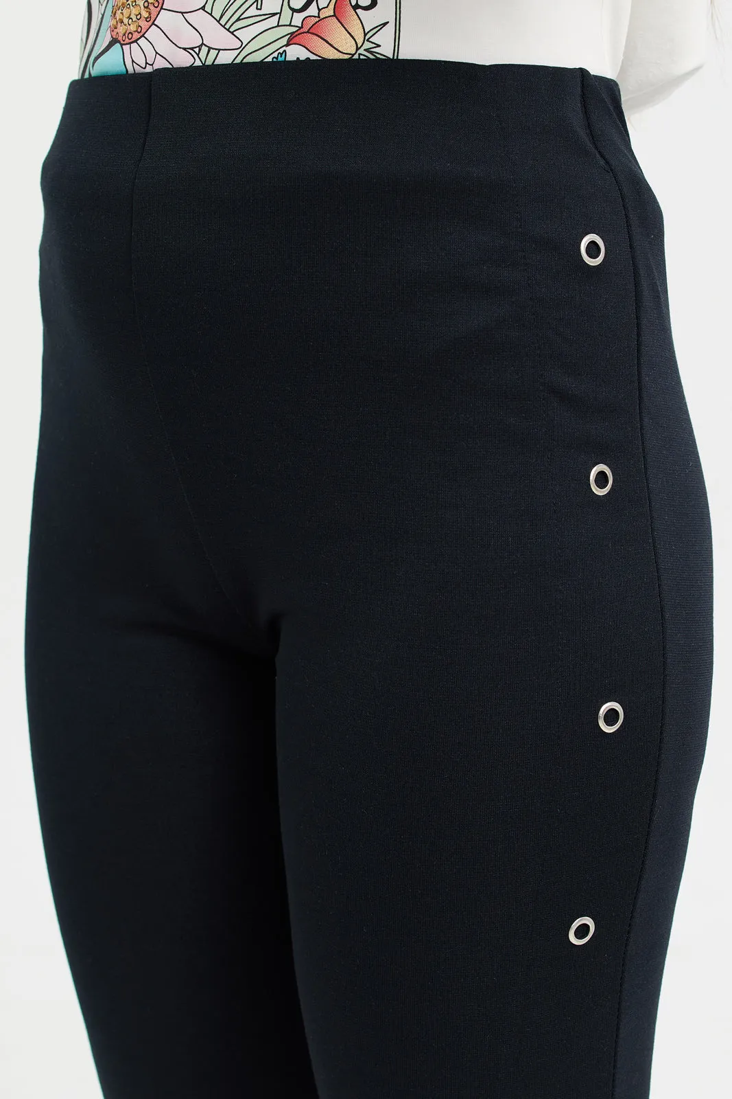 Senior Girls Black Flared Hem Leggings With Studs