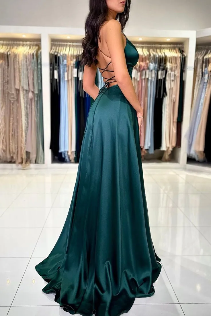 Simple V-Neck Satin Long Prom Dress, Beautiful A-Line Backless Evening Party Dress       fg6191