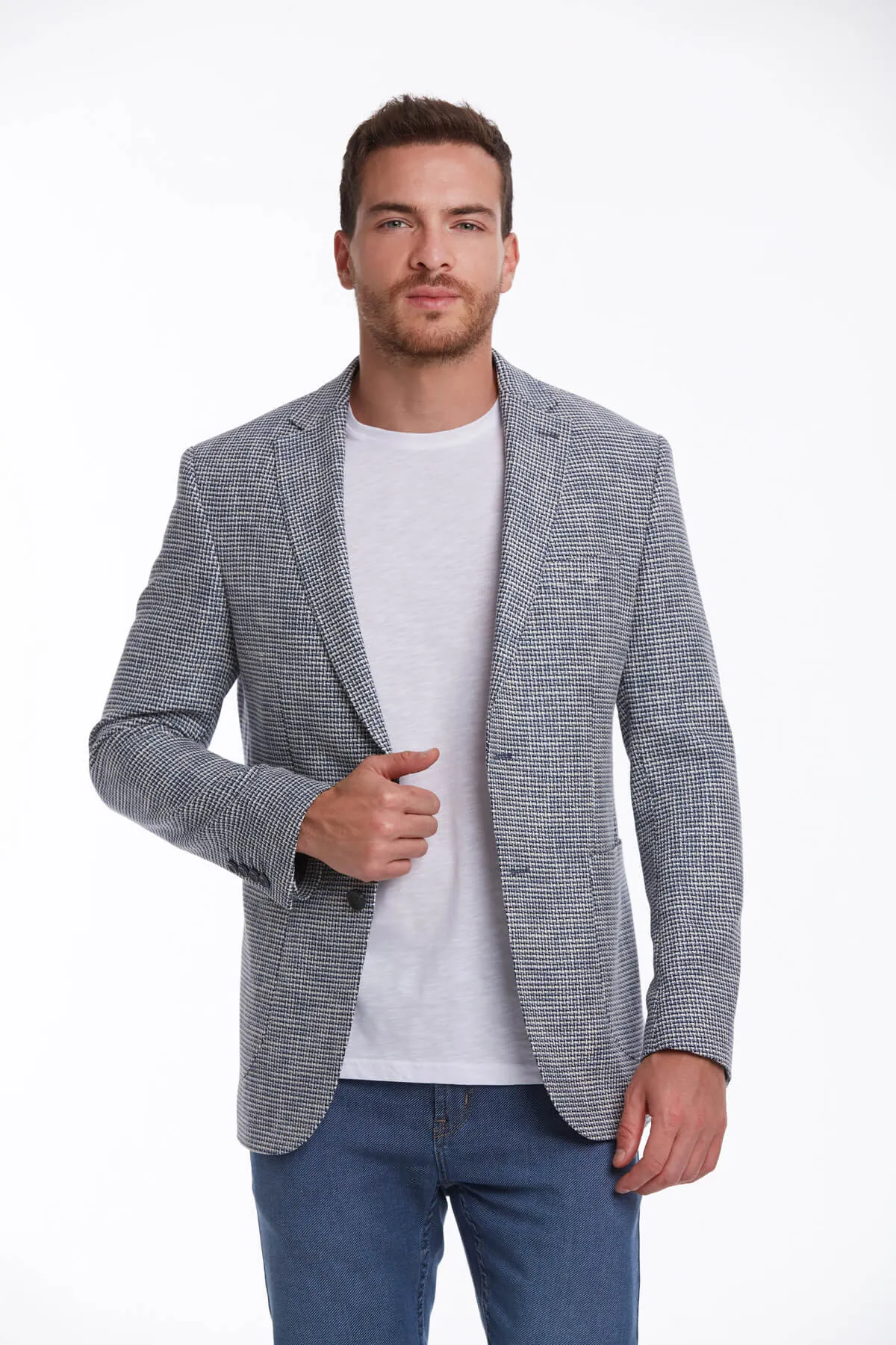 Slim Fit Notch Lapel Patterned Cotton Blend Khaki Classic Blazer, Navy D.