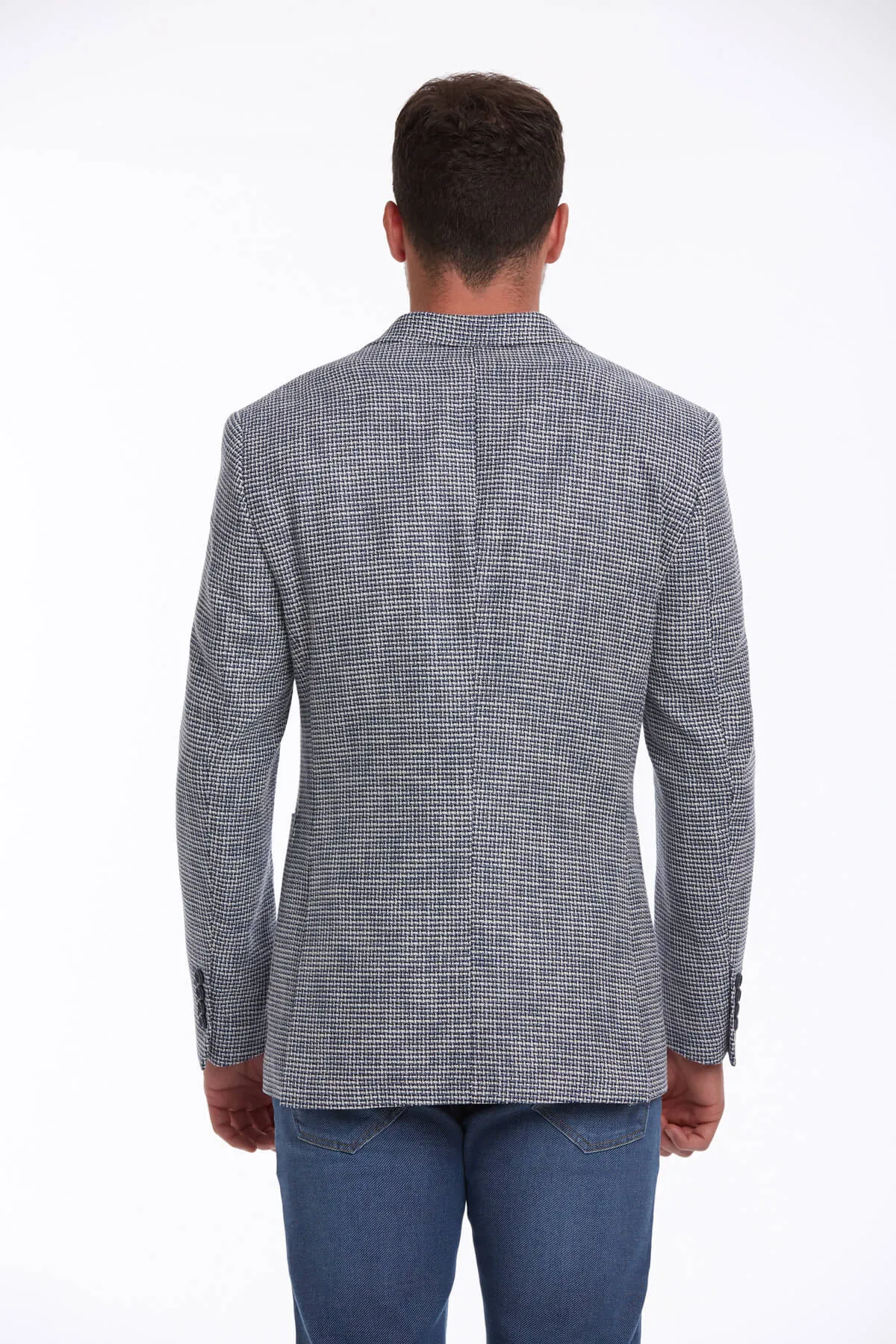 Slim Fit Notch Lapel Patterned Cotton Blend Khaki Classic Blazer, Navy D.