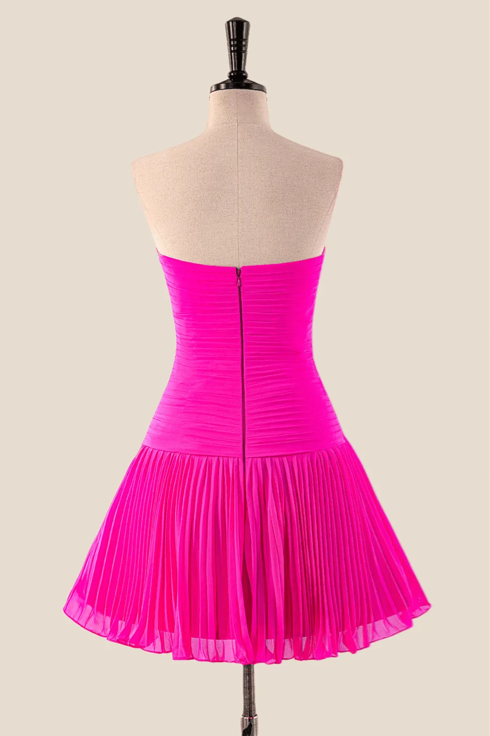 Strapless Hot Pink Pleated A-line Short Dress