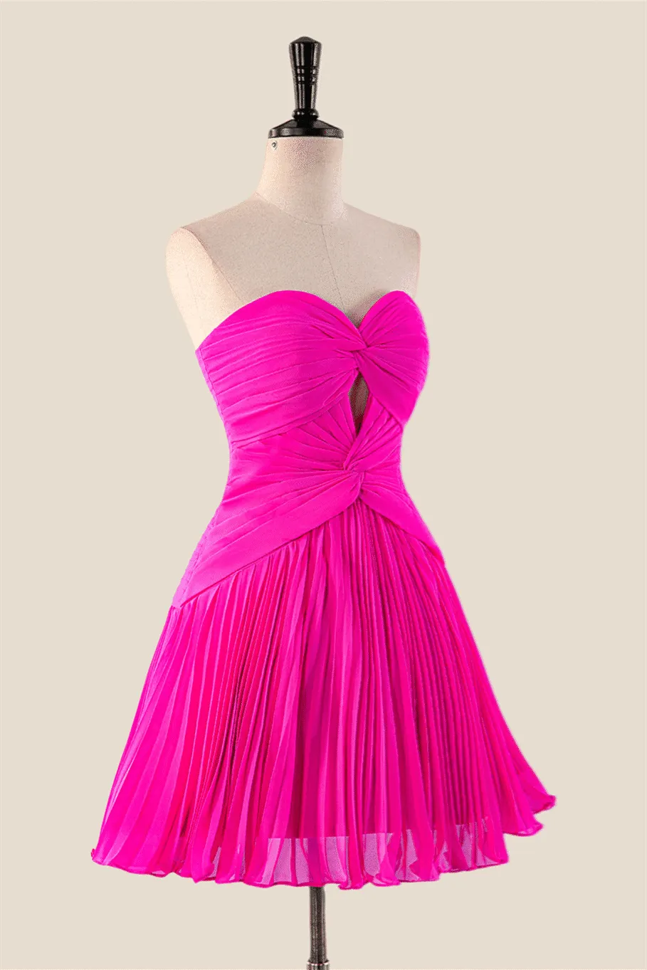 Strapless Hot Pink Pleated A-line Short Dress