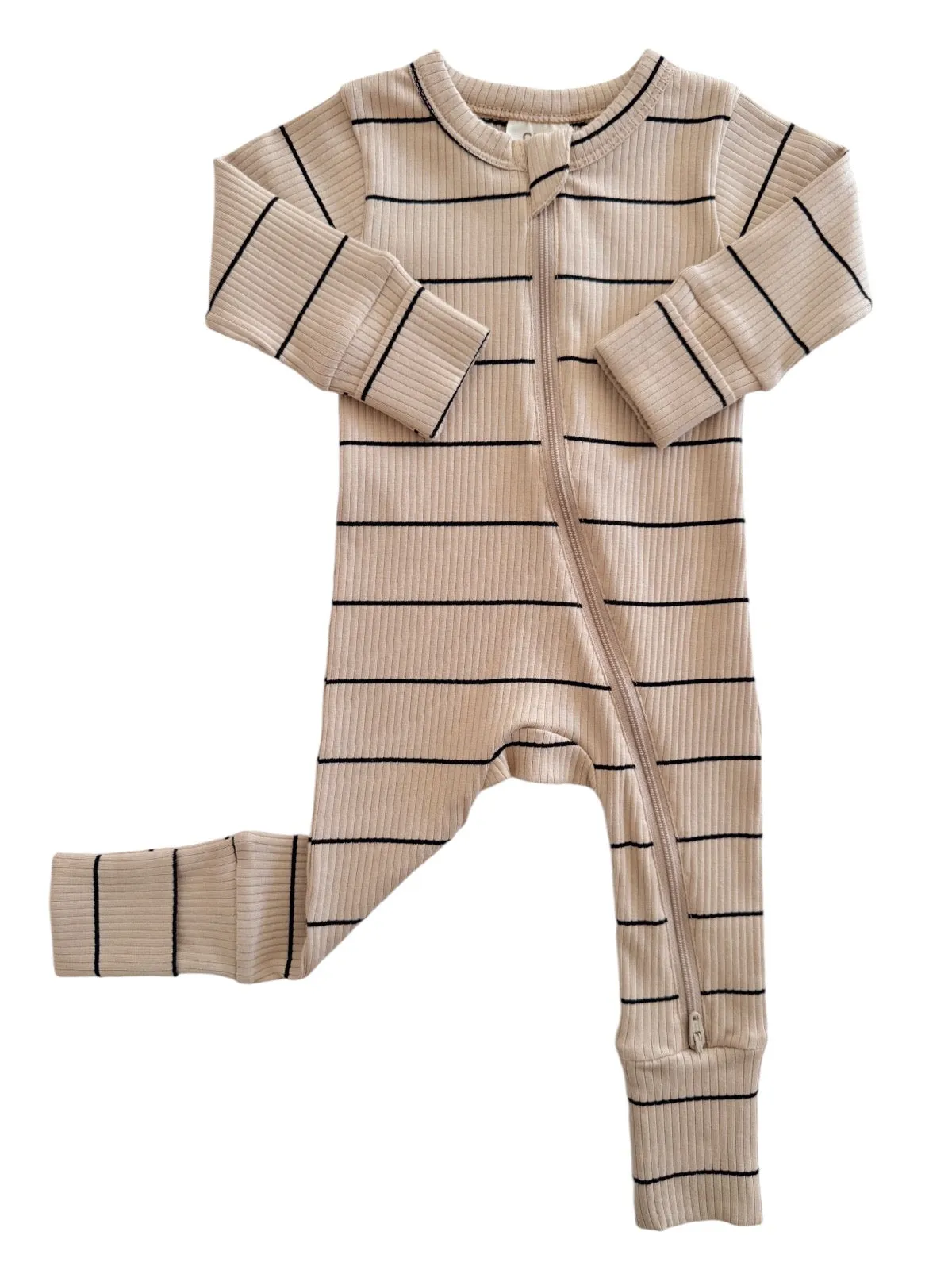 Tan/Black Stripe / Organic Ribbed 2-Way Zip Romper