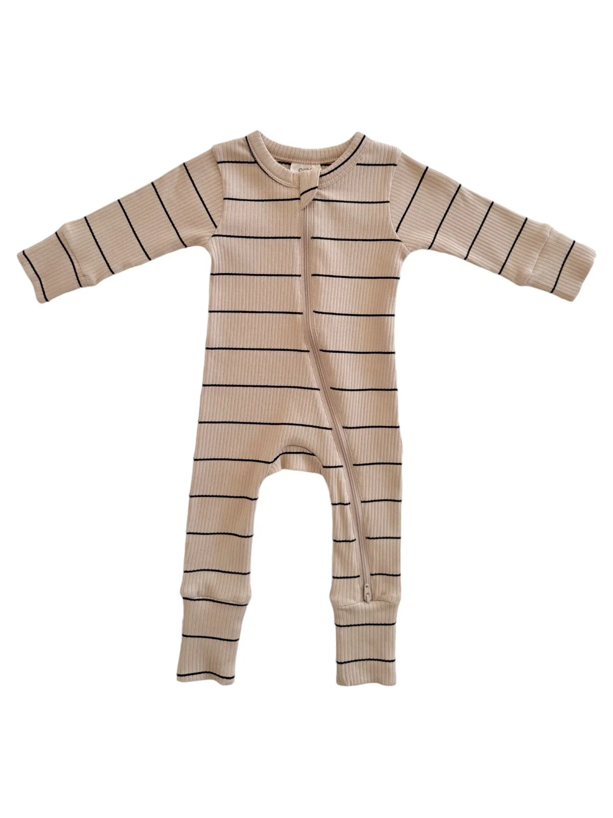 Tan/Black Stripe / Organic Ribbed 2-Way Zip Romper