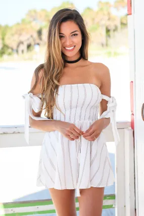 Taupe and White Off Shoulder Striped Romper