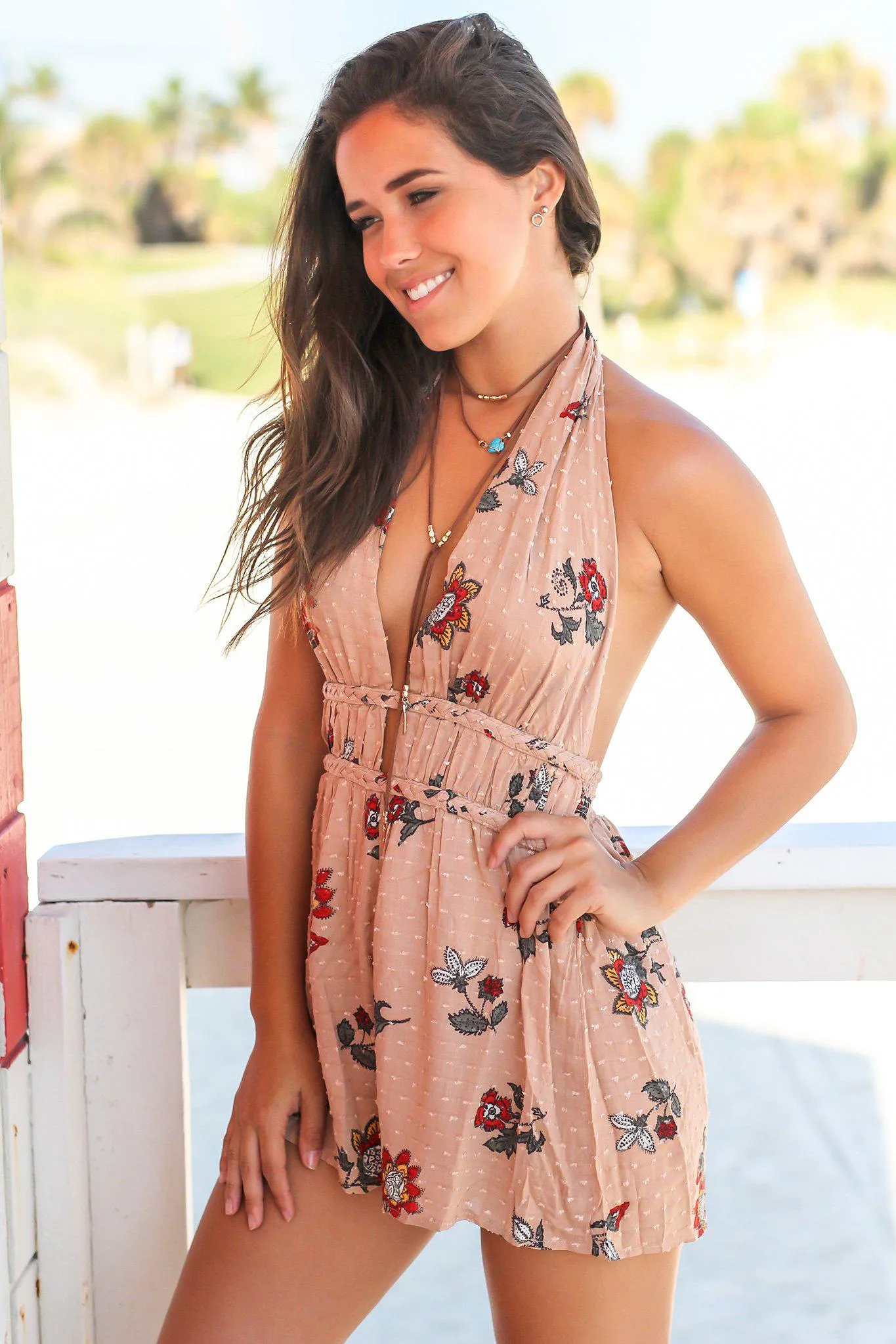 Taupe Floral Halter Neck Romper