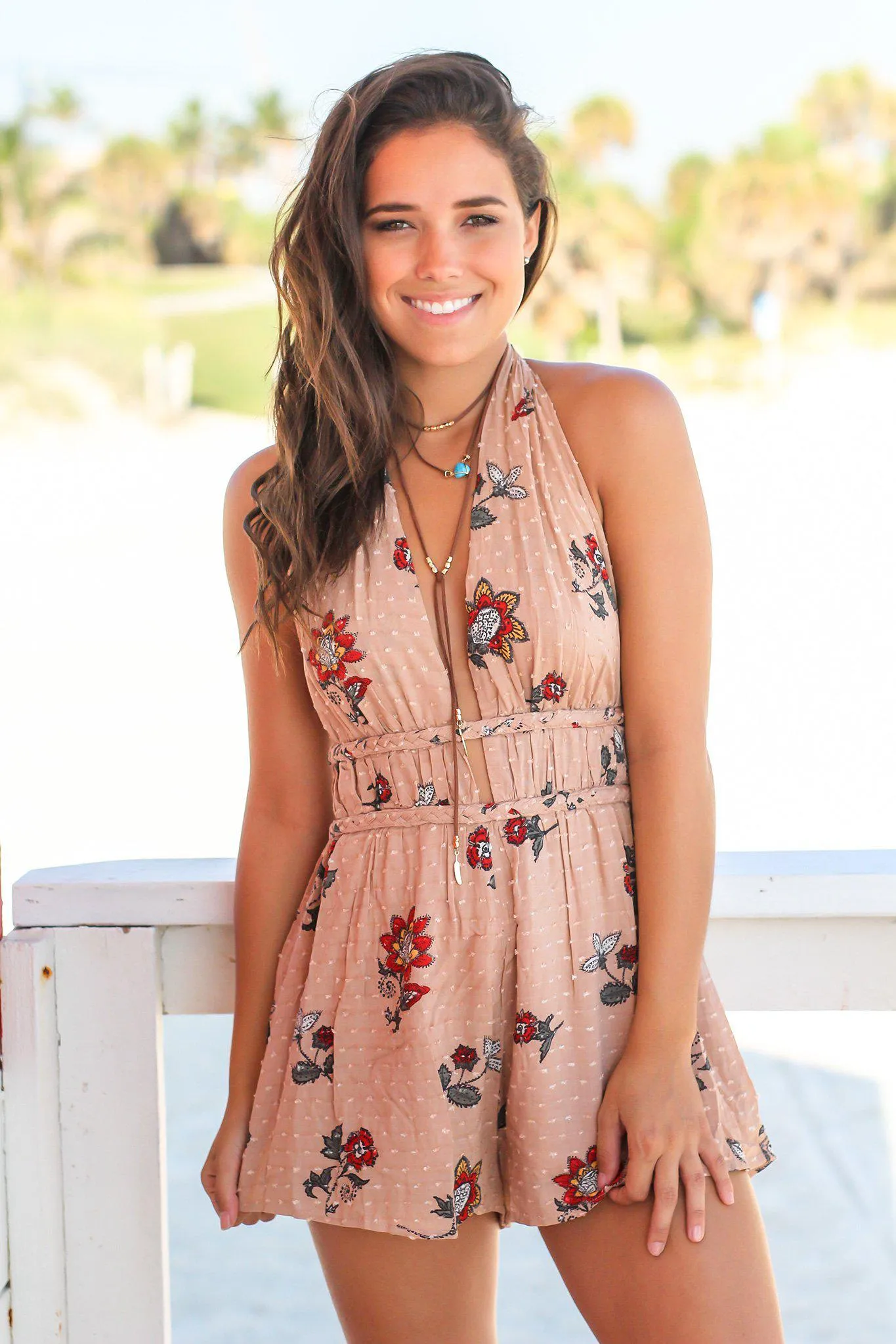 Taupe Floral Halter Neck Romper