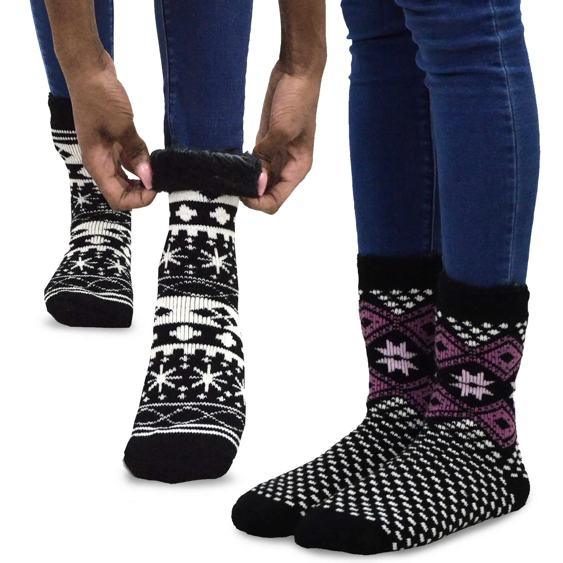 TeeHee Socks Women's Thermal Acrylic Crew Snowflake Black 2-Pack (12031)