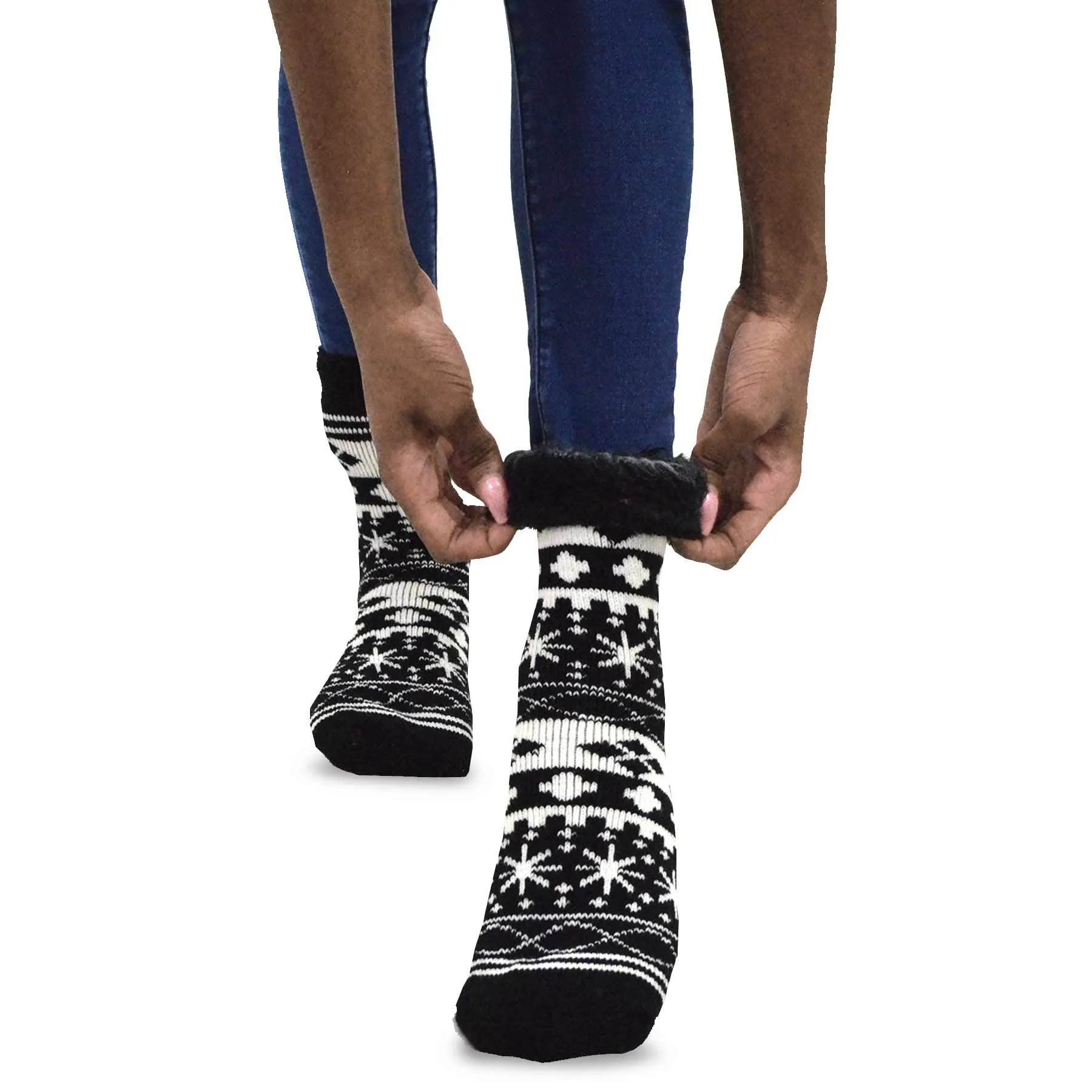 TeeHee Socks Women's Thermal Acrylic Crew Snowflake Black 2-Pack (12031)