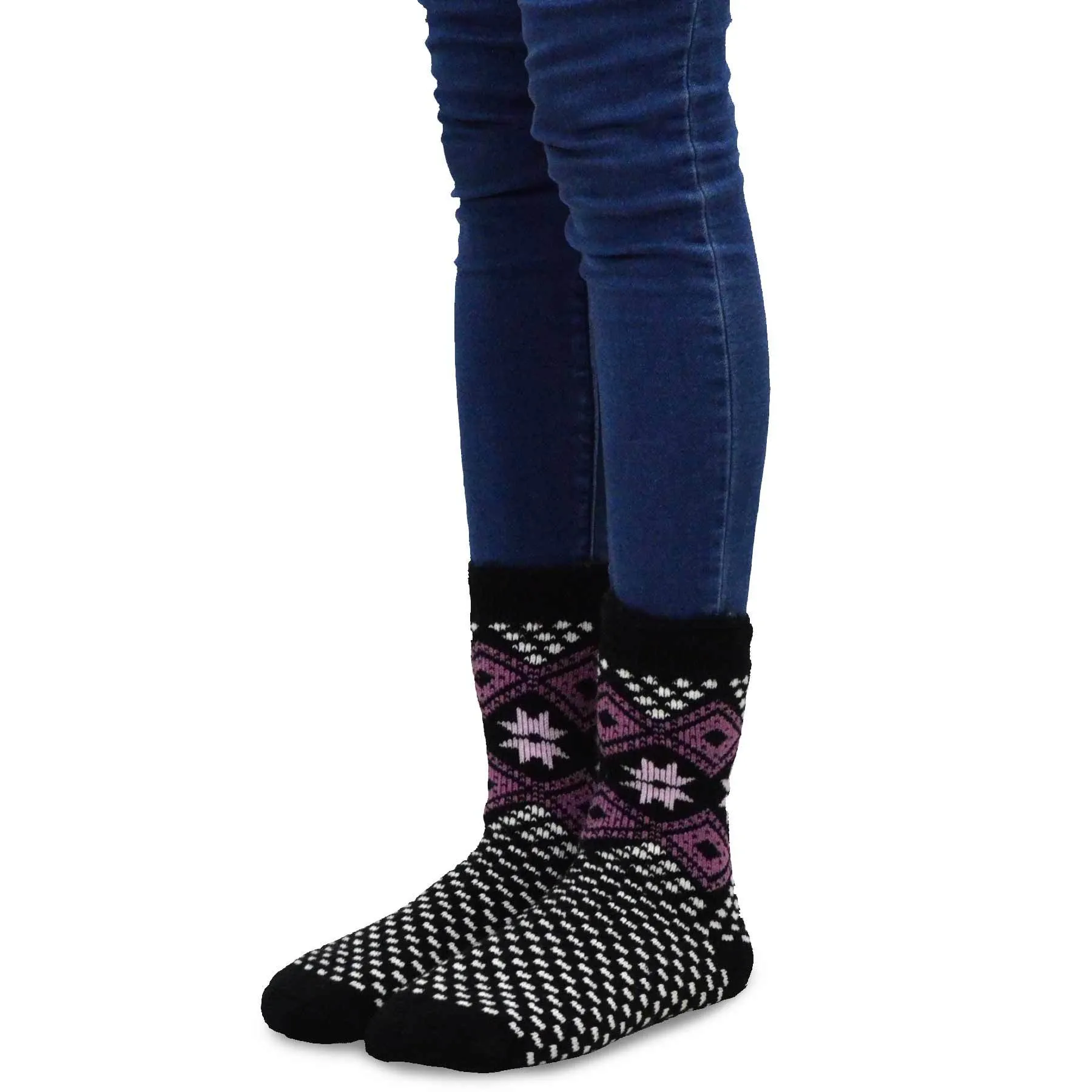 TeeHee Socks Women's Thermal Acrylic Crew Snowflake Black 2-Pack (12031)