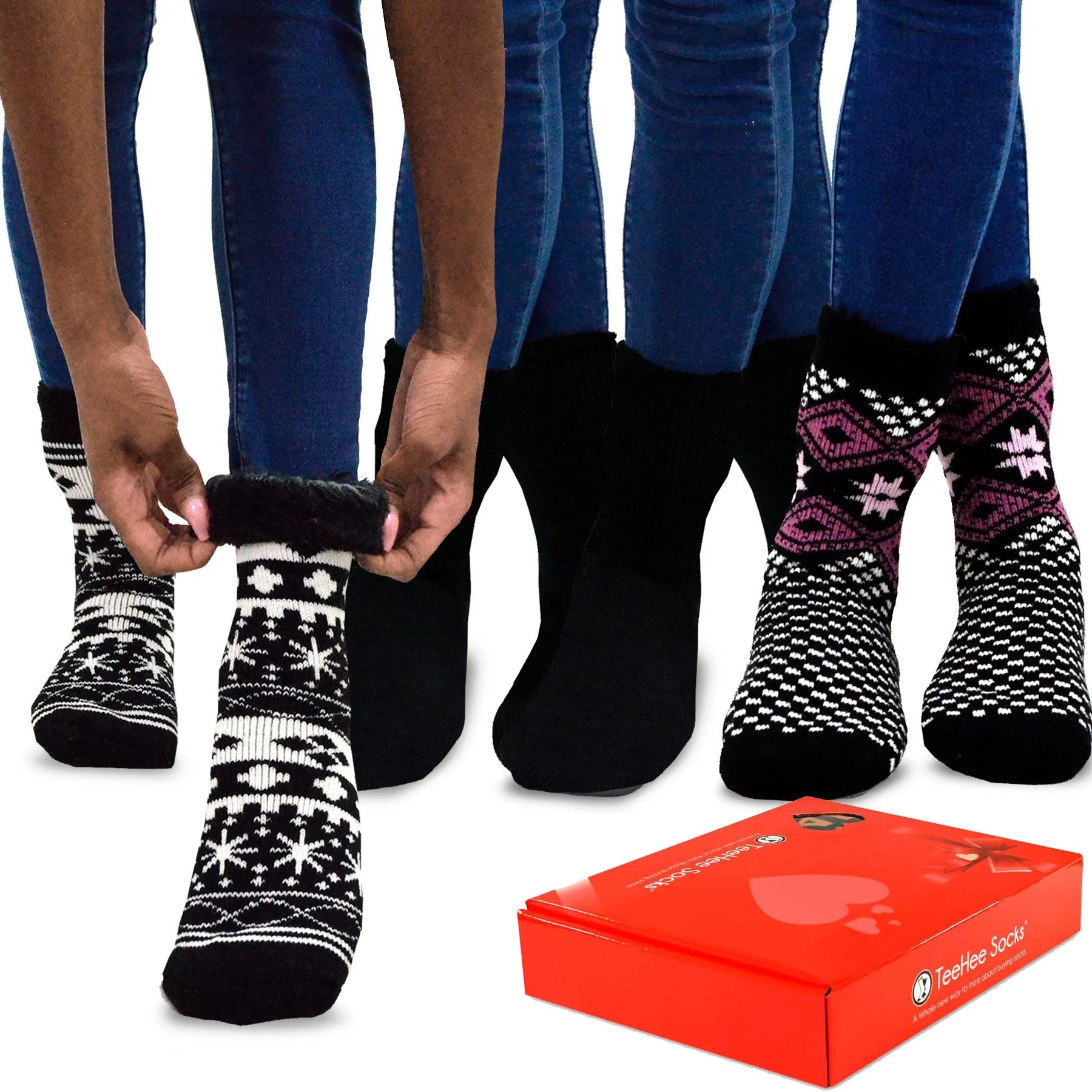 TeeHee Socks Women's Warmer Crew Black/Snowflake 4-Pack Gift Box (12145)