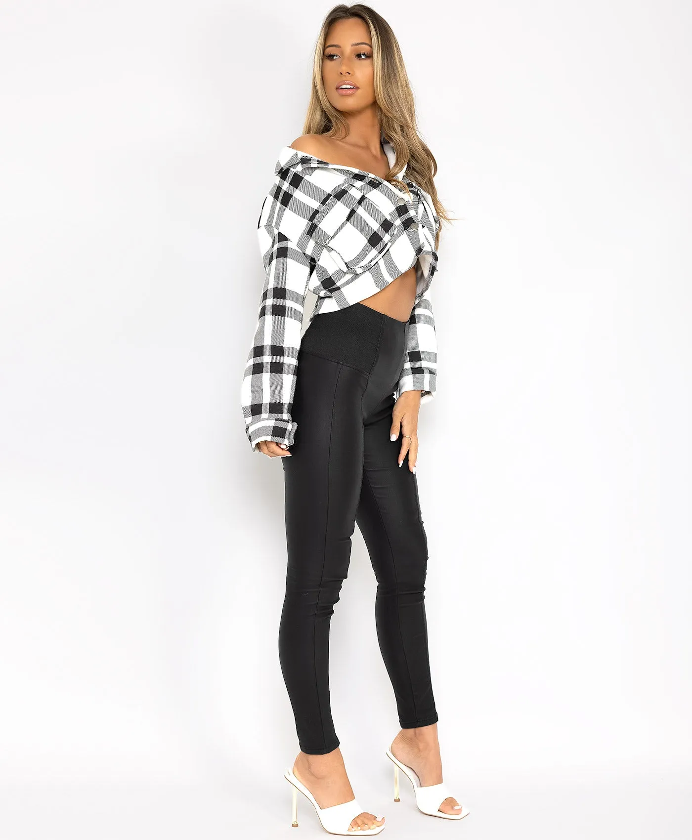 White Fleece Oversized Cropped Check Shacket