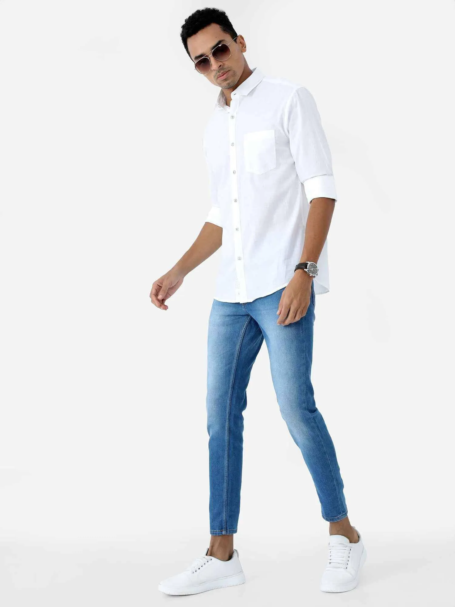 White Solid Cotton Full Sleeve Shirt