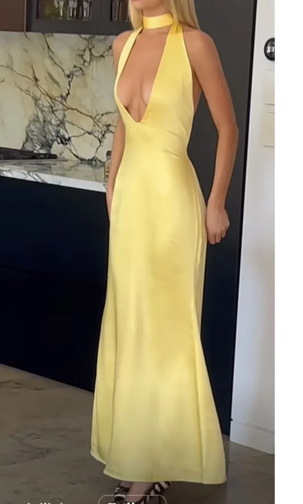 Yellow Deep V Neck Backless Sheath Long Party Dress Prom Dresses      fg7132